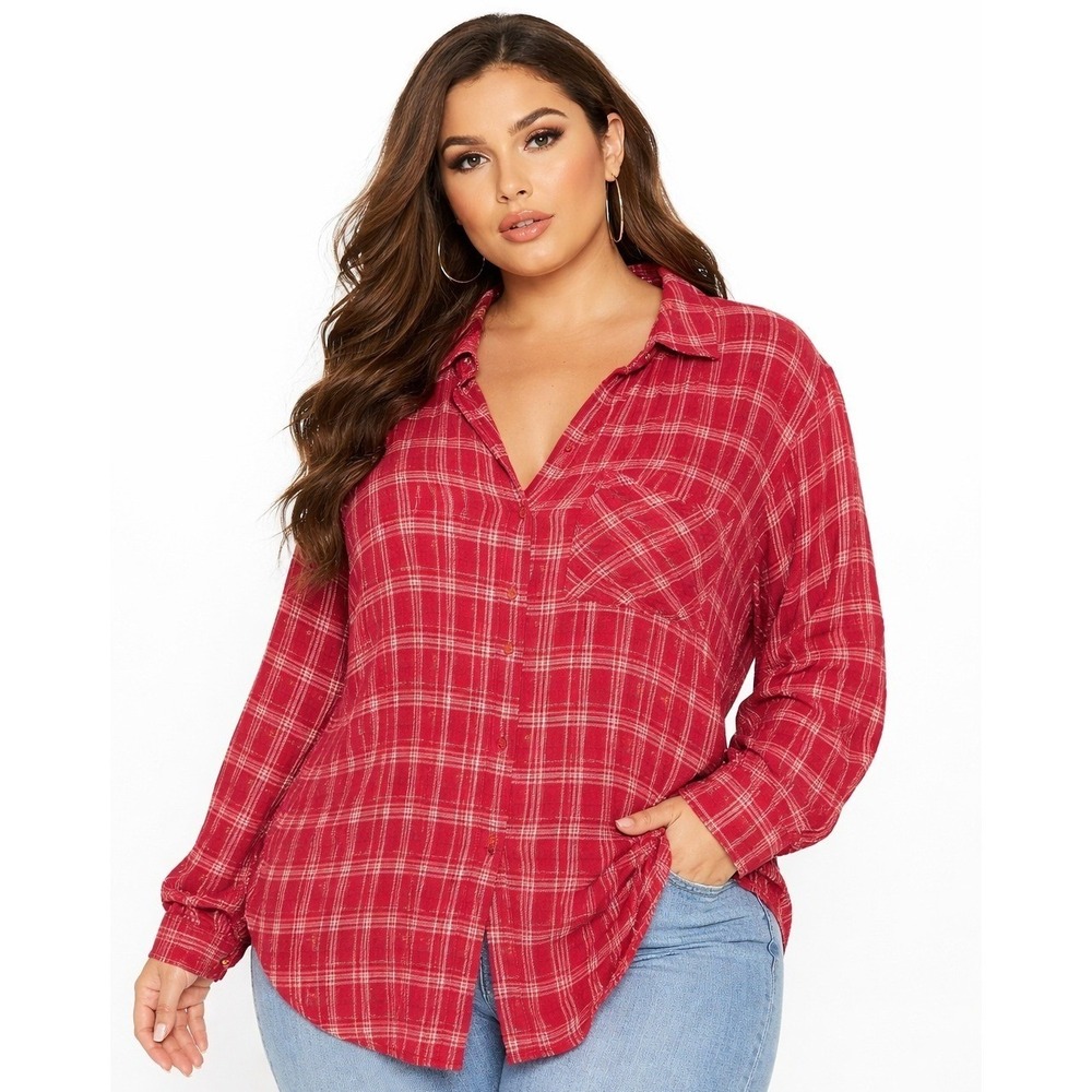 Pale Sky‎ Plaid Button Down Shirt Women 1X Maroon Floral Embroidered NWT